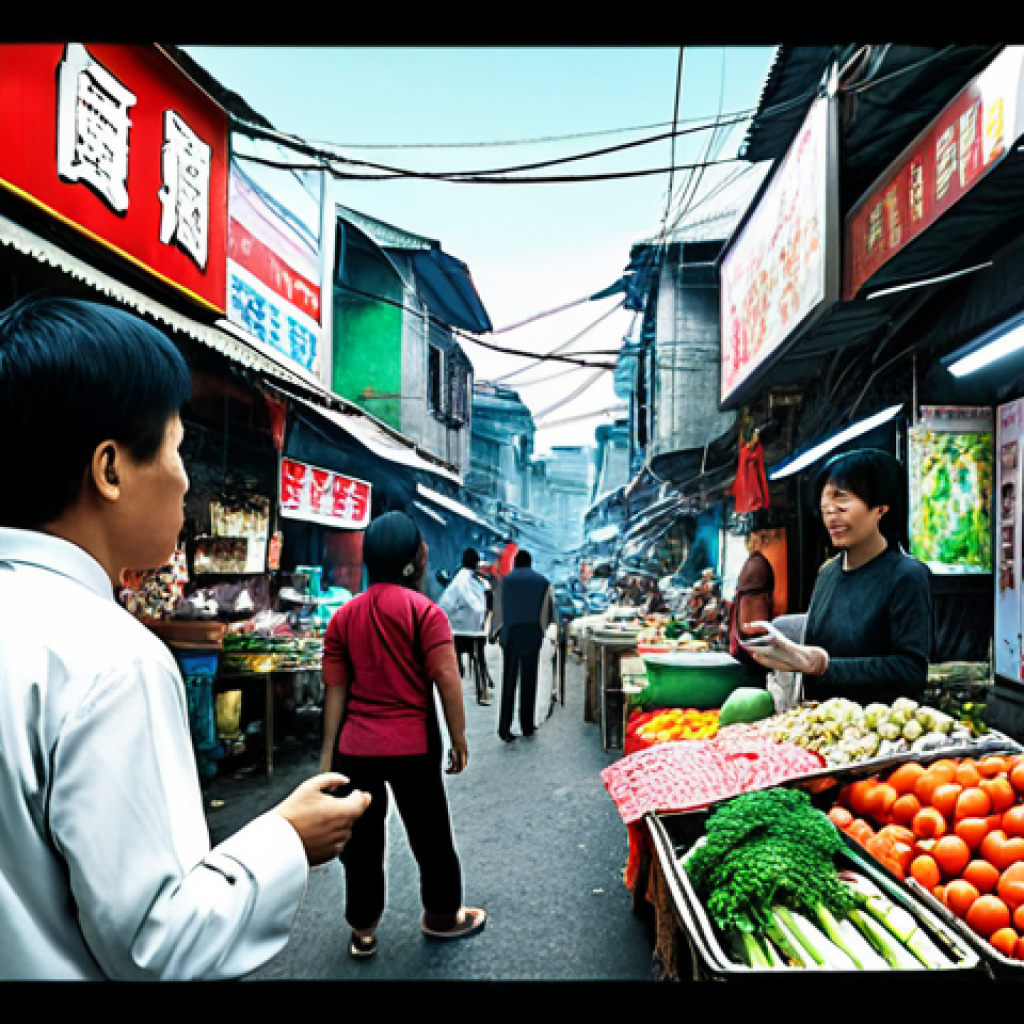 **Image Prompt:** A bustling Vietnamese street market scene, but with holographic overlays showing advertisements for virtual land plots hovering above the vendors and customers. The scene should convey a sense of both excitement and skepticism, with some people looking intrigued by the virtual real estate ads, while others appear wary. Emphasize the contrast between the tangible, traditional market and the abstract, futuristic world of virtual property. Consider adding elements like a distressed-looking individual clutching a virtual land deed, highlighting potential investment risks. Style: a blend of photorealism and cyberpunk.