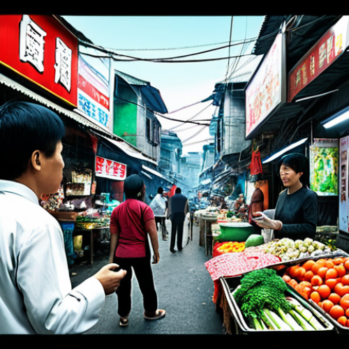 Home 15 **Image Prompt:** A bustling Vietnamese street market scene, but with holographic overlays showing advertisements for virtual land plots hovering above the vendors and customers. The scene should convey a sense of both excitement and skepticism, with some people looking intrigued by the virtual real estate ads, while others appear wary. Emphasize the contrast between the tangible, traditional market and the abstract, futuristic world of virtual property. Consider adding elements like a distressed-looking individual clutching a virtual land deed, highlighting potential investment risks. Style: a blend of photorealism and cyberpunk.