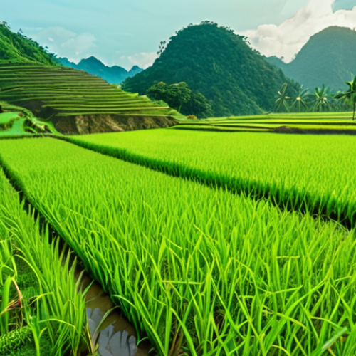 **Lush, green Vietnamese rice paddy fields, digital real estate plots overlaid with translucent Metaverse interface. Realistic.**