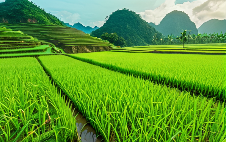 **Lush, green Vietnamese rice paddy fields, digital real estate plots overlaid with translucent Metaverse interface. Realistic.**