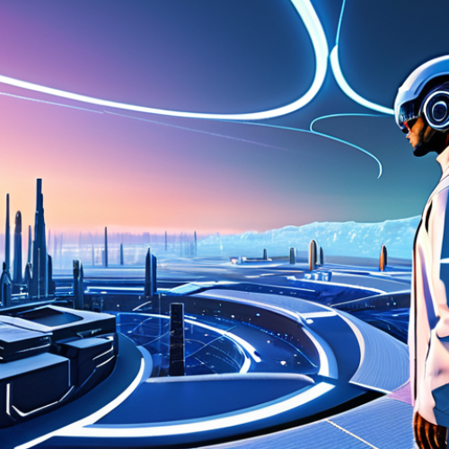 A professional digital artist, fully clothed in a modest, modern tech-wear outfit, stands contemplatively on a pristine virtual land plot within a futuristic, vibrant Metaverse. The individual is in a natural pose, looking out over the expansive digital landscape, perhaps with a holographic blueprint of a unique virtual structure hovering near their well-formed hand. The background features various stylized, illuminated virtual buildings and creative structures on adjacent digital land parcels under a cyber-futuristic sky. The ground is rendered with clean, geometric patterns. Bright, high-key lighting, professional photography style, sharp focus, vibrant colors, clean aesthetic. safe for work, appropriate content, fully clothed, professional, perfect anatomy, correct proportions, natural body proportions, well-formed hands, proper finger count.